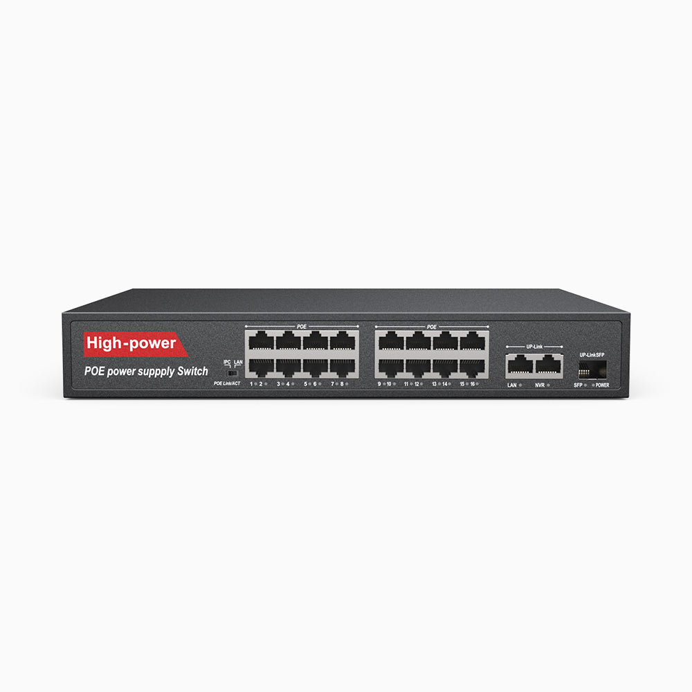 16-port Gigabit Ethernet PoE-switch med metallhus, skrivbords- eller väggmontering